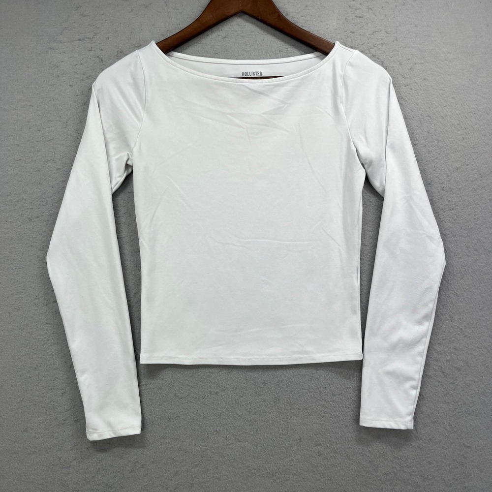 Hollister Top Womens S White Boat Neck Long Sleeve Basic Casual Minimalist Y2K